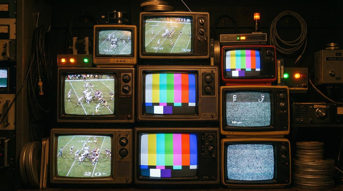 多台彩色复古电视展示不同足球频道 - 半岛体育